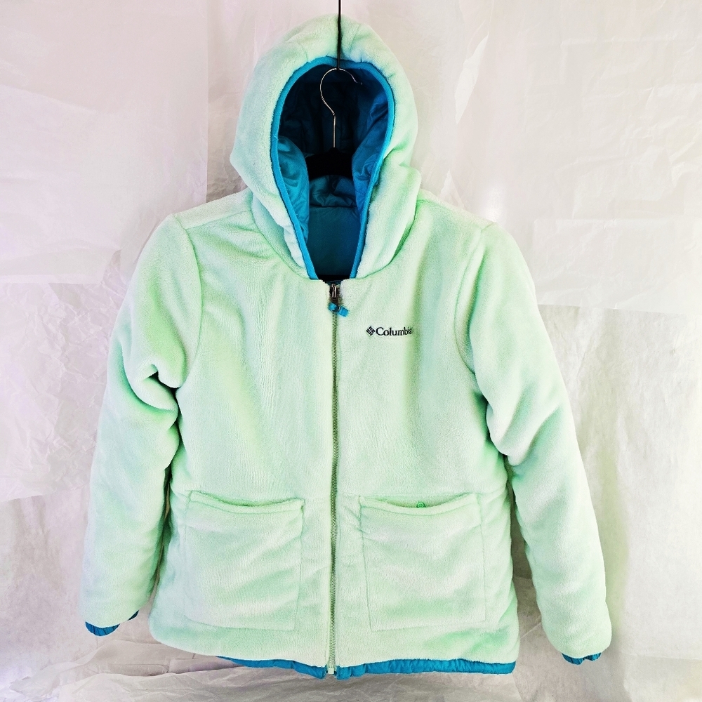 Columbia Youth Sz L Soft Fuzzy Warm REVERSIBLE Jacket Blue and Mint Green Hoodie - Picture 2 of 11